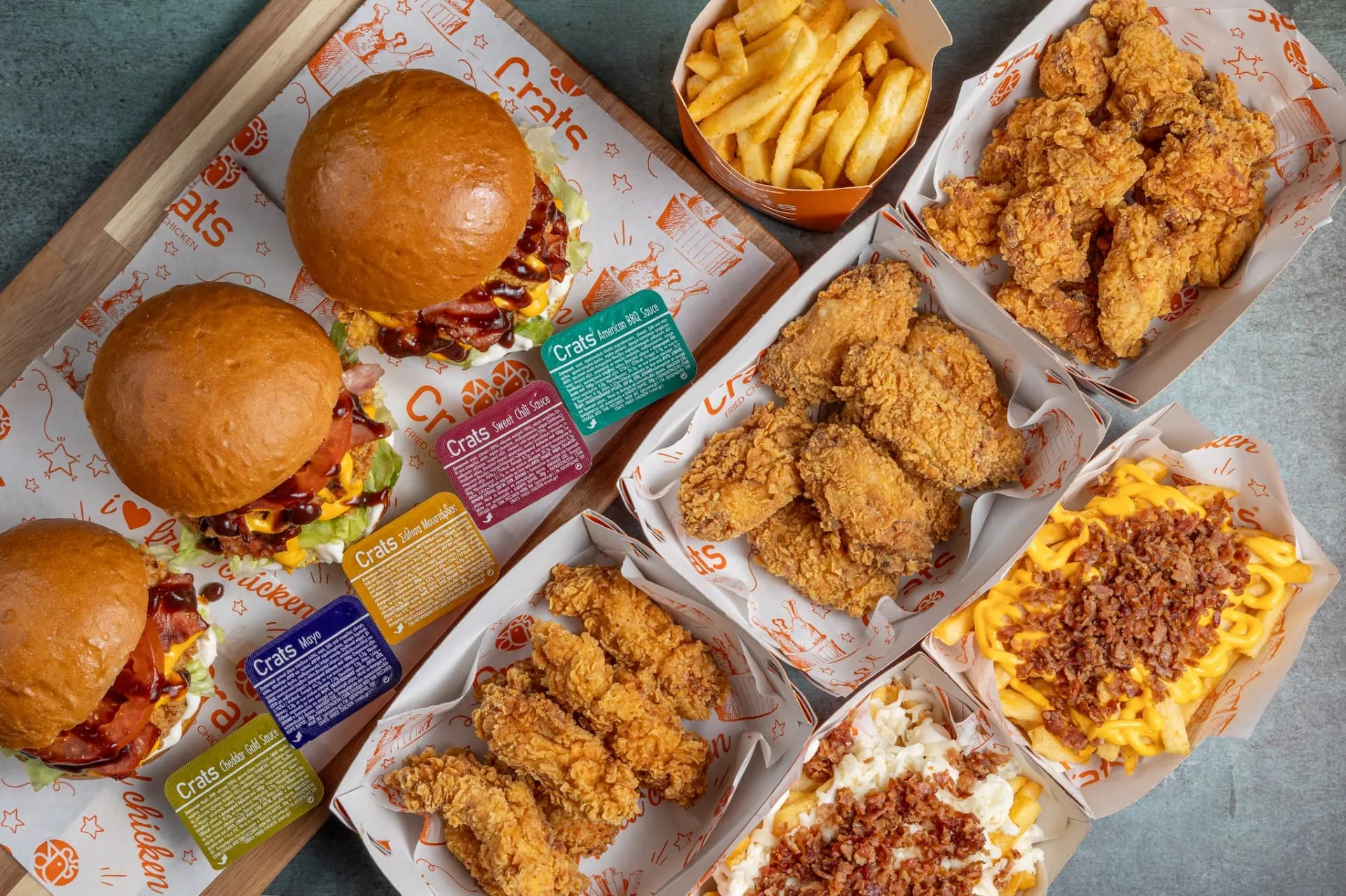 Crats burger, fries and fried chicken